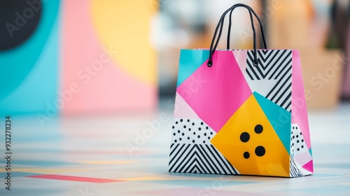 Colorful geometric gift bag on a vibrant backdrop inside a shopping area