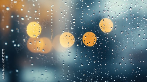 Raindrops on a window with blurred headlights in a rainy urban setting at dusk