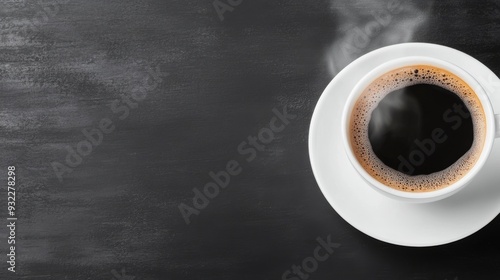 Freshly brewed black coffee in a white cup on a dark background