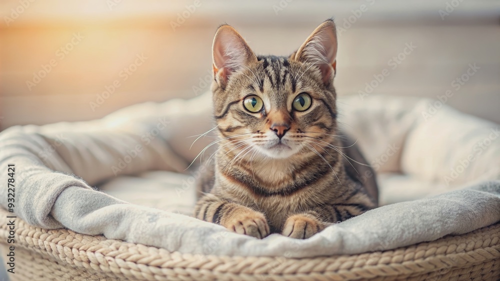 A cute tabby cat laying on a cozy bed , pet, feline, relaxation, domestic, animal, cozy, comfortable, bedroom, resting, nap, sleepy A cute tabby cat laying on a cozy bed , pet, feline, relaxation, domestic, animal, cozy, comfortable, bedroom, resting, nap, sleepy