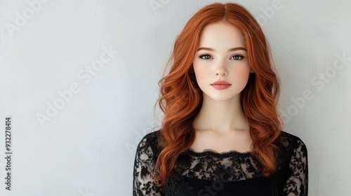 Young woman with red hair poses in elegant black lace dress against a wooden ...