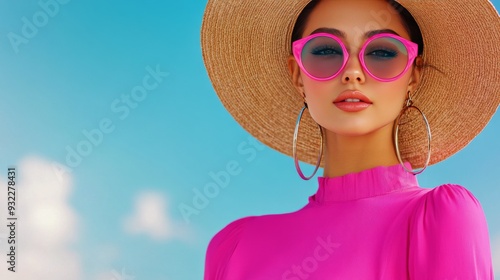 Smiling woman wearing a straw hat under palm trees on a sunny tropical day