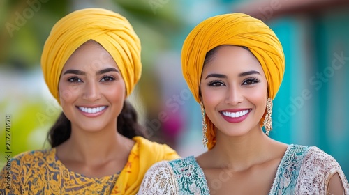 Two women in vibrant yellow head wraps smiling outdoors during a sunny day