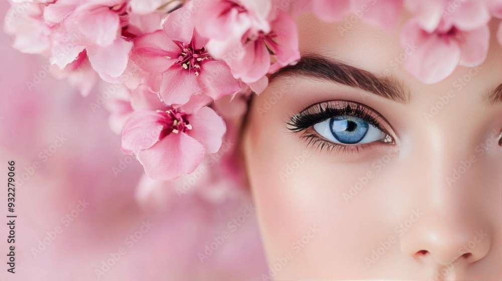 Beautiful woman with blue eyes framed by pink cherry blossom flowers Beautiful woman with blue eyes framed by pink cherry blossom flowers