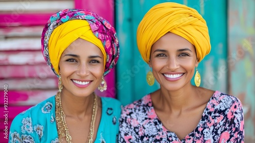 Two women in vibrant yellow head wraps smiling outdoors during a sunny day