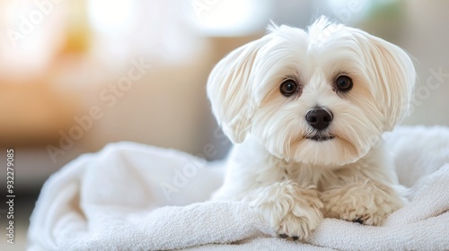 Cute white dog resting on a soft blanket in a cozy indoor setting
