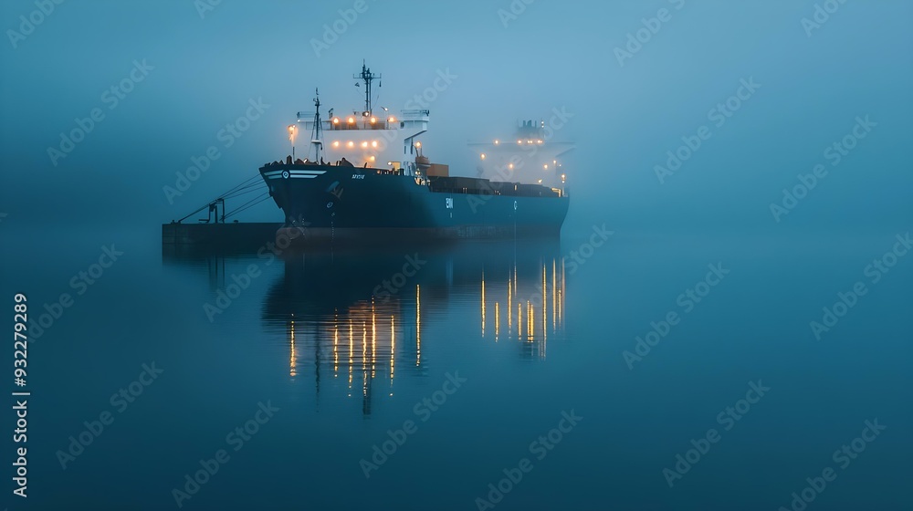 Obraz premium Misty evening at the harbor with a large cargo ship