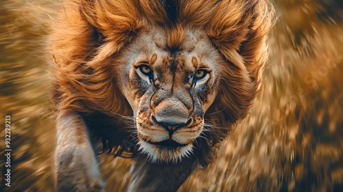 Majestic male lion mid-leap with rippling muscles and flowing mane