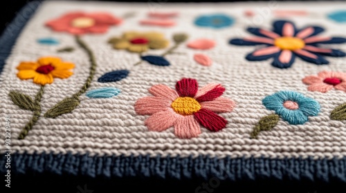 Colorful floral embroidery on fabric with intricate designs and patterns