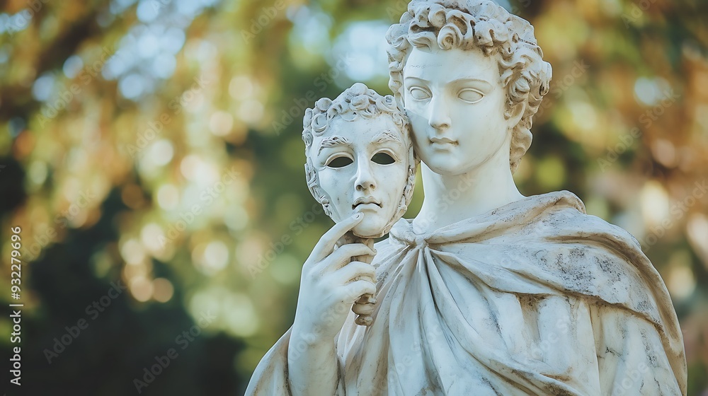 Fototapeta premium A marble statue of a man holding a mask in his hand, against a blurry background of green foliage.