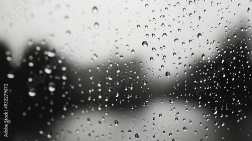 Raindrops on a window with blurred headlights in a rainy urban setting at dusk