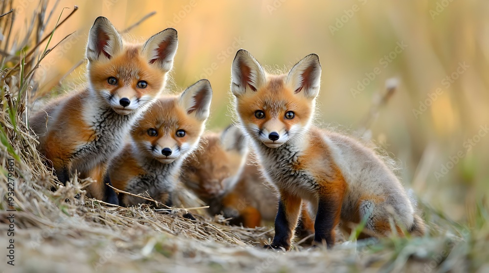 Red fox and small young cubs near den Red fox and small young cubs near den