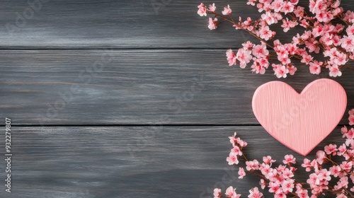 Pink heart decoration with flowers on a wooden table in a garden during spring