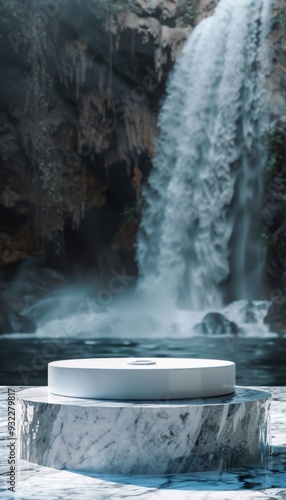 Luxurious product presentation on elegant marble pedestal with tranquil waterfall scenery