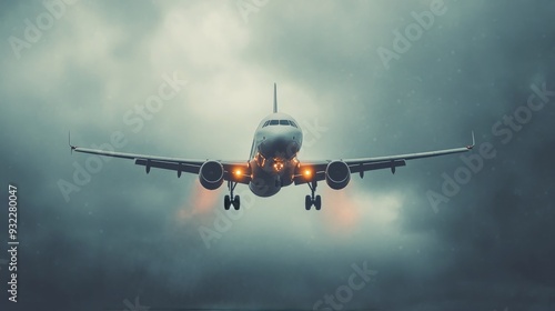 Airplane flying through dark clouds during a stormy day