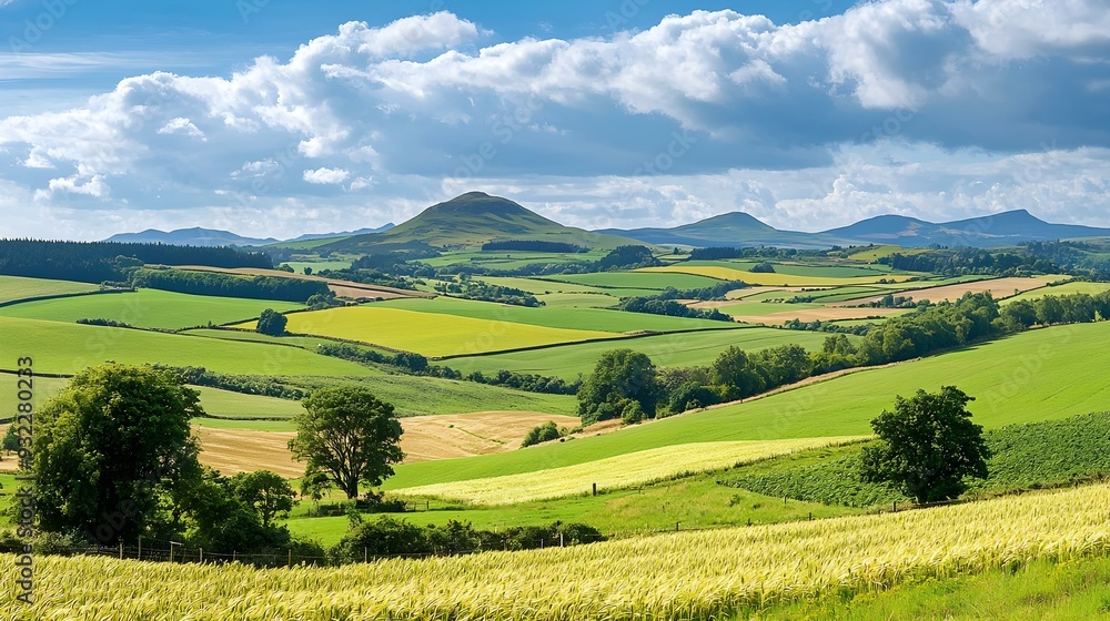 Obraz premium Scenic landscape view of rolling hills and pastoral countryside