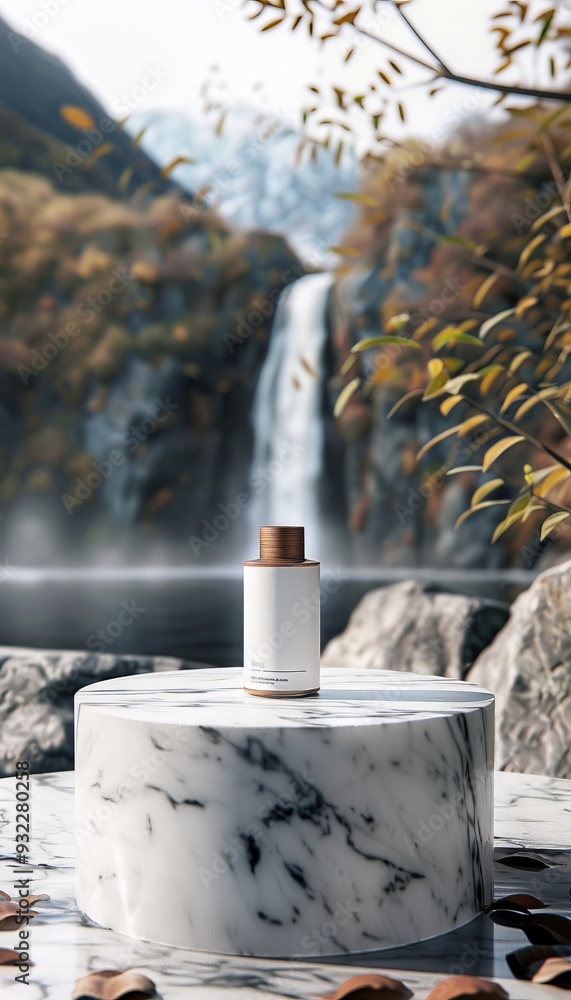 Luxury product mockup on marble pedestal with serene waterfall in the background Luxury product mockup on marble pedestal with serene waterfall in the background
