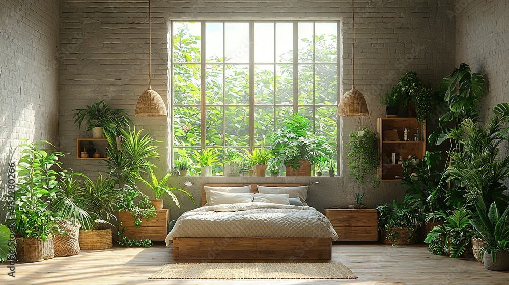 Green bedroom with a spacious window and a centralized bed Green bedroom with a spacious window and a centralized bed