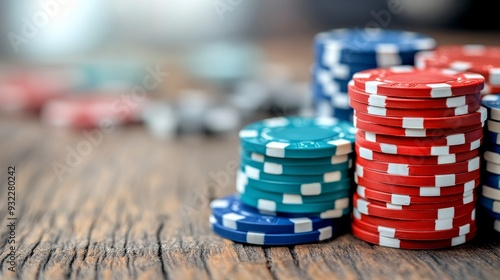 Stacks of colorful poker chips on a wooden table with blurred background lights