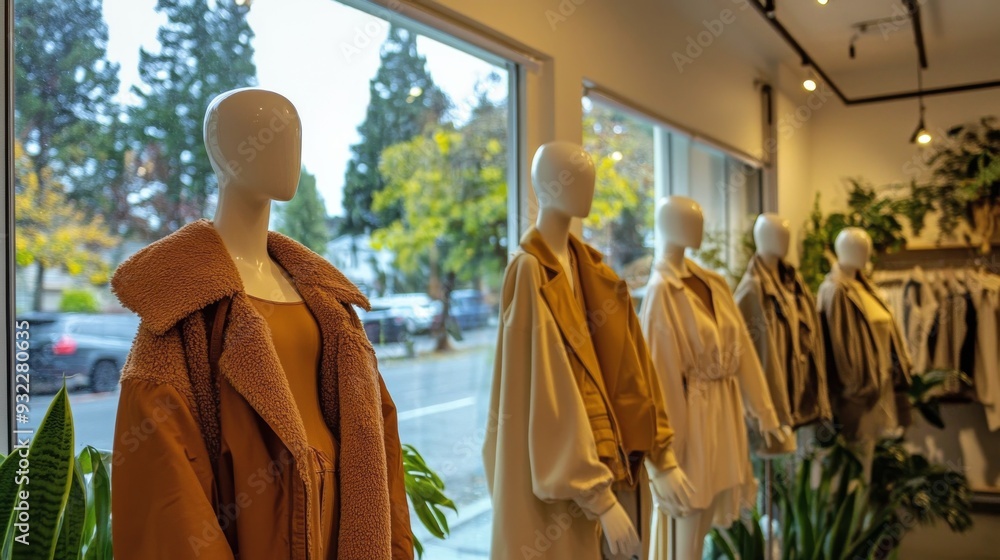 Fototapeta premium Display of stylish clothing on mannequins in a modern boutique during autumn