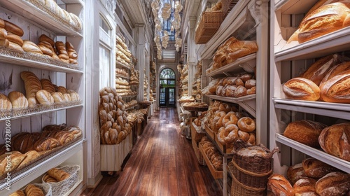 Artisan bakery interior displaying a variety of freshly baked breads on woode...