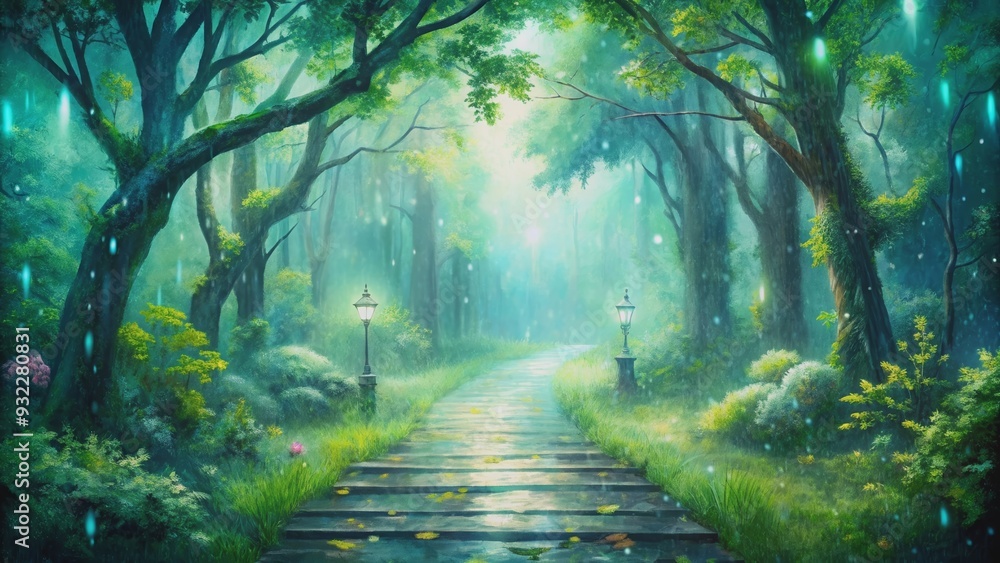 Obraz premium Enchanted forest walkway in light rain, serene watercolor fantasy with soft greens and blues, calm nature scene
