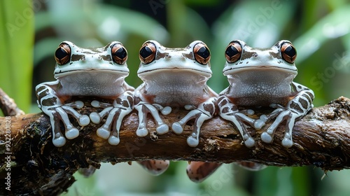 Three Amazon milk frogs on a branch photo