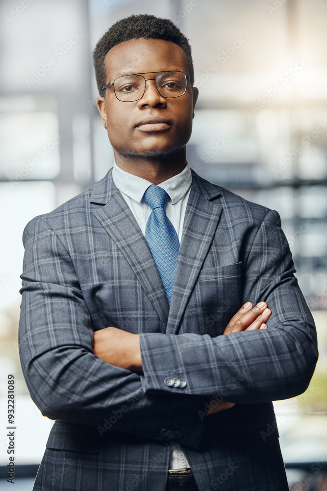 Black man, portrait and lawyer with glasses in confidence for legal rights, professional firm or agency at office. Serious African advocate, male person or young attorney with arms crossed for law Black man, portrait and lawyer with glasses in confidence for legal rights, professional firm or agency at office. Serious African advocate, male person or young attorney with arms crossed for law