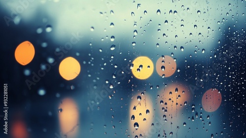 Raindrops on a window with blurred headlights in a rainy urban setting at dusk