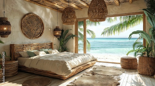   A room with an ocean view, wicker head- & footboards on the bed photo