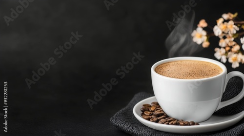 Freshly brewed black coffee in a white cup on a dark background