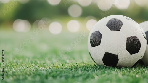 Soccer balls resting on green grass in a bright outdoor field