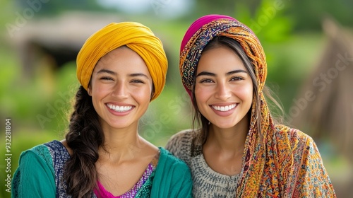 Two women in vibrant yellow head wraps smiling outdoors during a sunny day