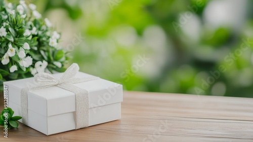 Wrapped gift on wooden table with pine branches and cinnamon sticks