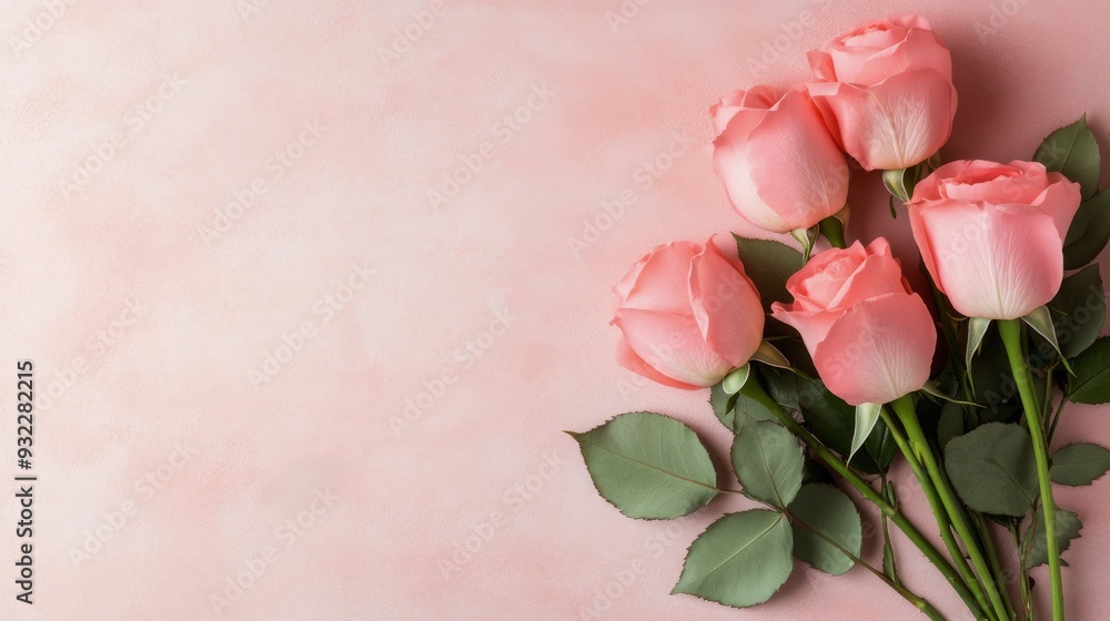 Pink roses arranged elegantly against a soft pink backdrop Pink roses arranged elegantly against a soft pink backdrop