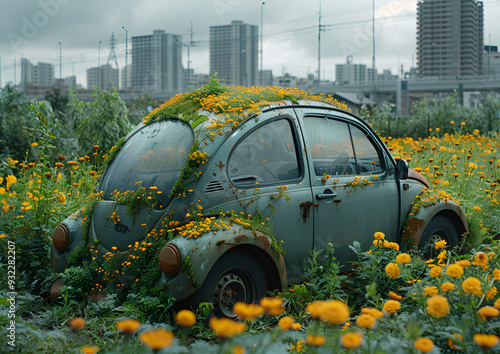 a car covered in  a yellow flowers