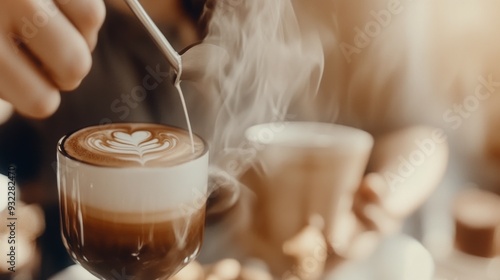 A woman enjoying latte art and pastries at a cozy cafe in the morning light