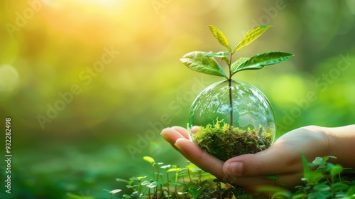 A Hand Holding a Glass Globe with a Sapling