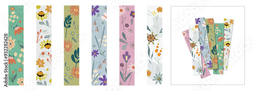 Bookmarks set for books or notebooks with abstract floral pattern in folk style. Beautiful design of children's bookmark for printing and cutting. Vector drawings isolated on white background.