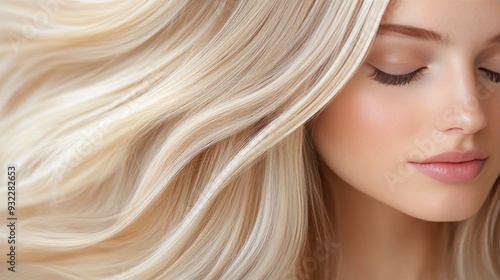 Young woman with long, flowing blonde hair against a soft background in natur...