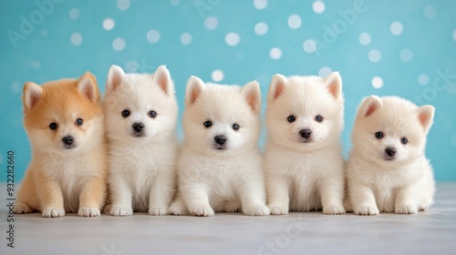 Five adorable puppies sitting together on a neutral background