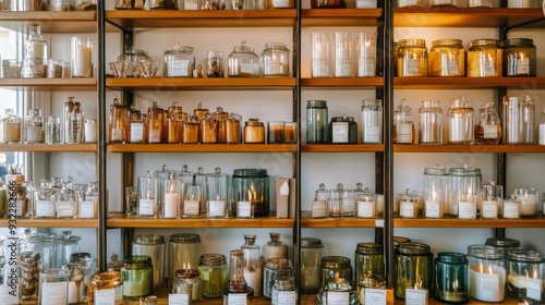Shelves filled with various jars and candles in a cozy shop during daylight