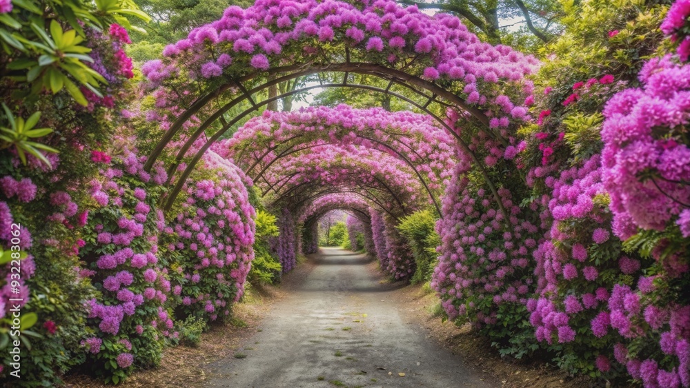 Obraz premium Tunnel of pink and purple rhododendron blooms providing shade and shelter, rhododendrons, tunnel, pink, purple, blooms, lush