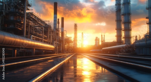 Industrial Sunset Oil Refinery with Glowing Pipes and Reflections