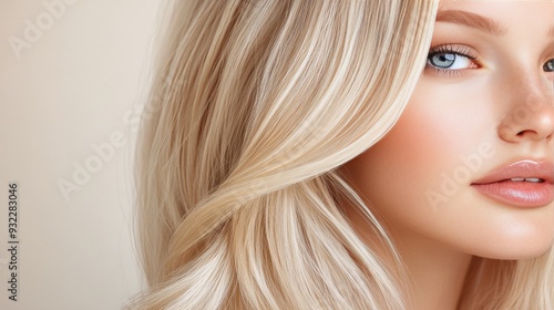 Young woman with long, flowing blonde hair against a soft background in natur...