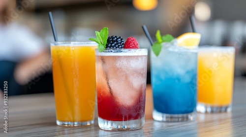 Colorful cocktails on a wooden table at a lively bar during a sunny afternoon