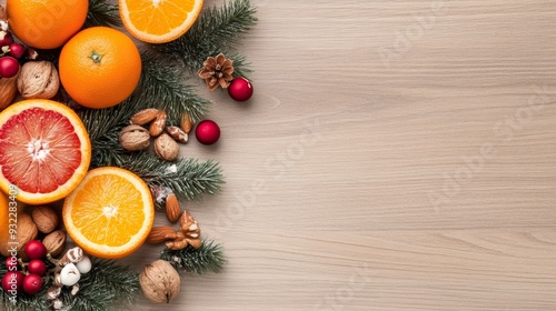 Fresh oranges and nuts arranged on a wooden surface with green leaves