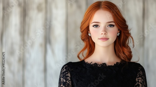 Young woman with red hair poses in elegant black lace dress against a wooden ...
