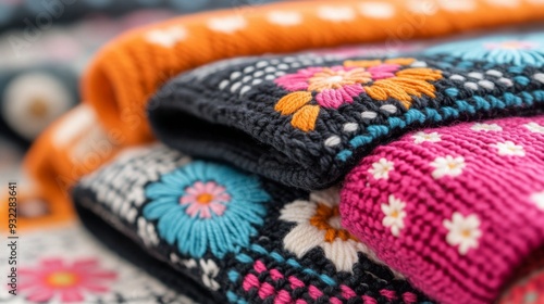 Colorful floral embroidery on fabric with intricate designs and patterns
