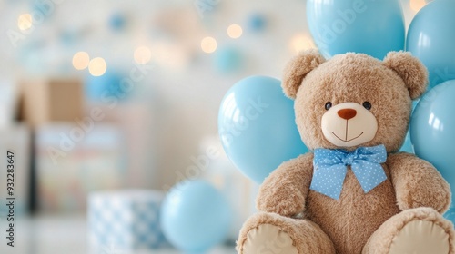 Cute teddy bear with blue balloons at a baby shower celebration